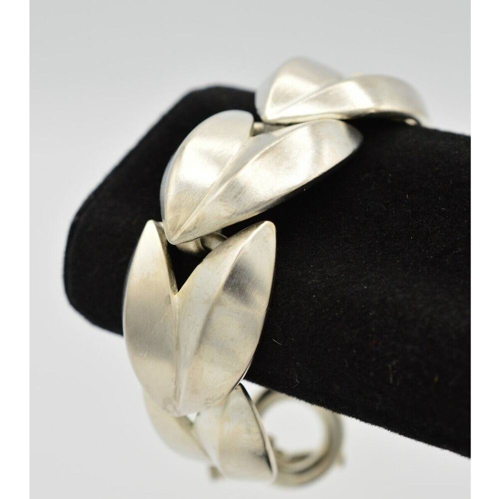Givenchy Vintage Chunky Bracelet Brushed Silver Leaf Matte Signed 80s 1980s Bin2